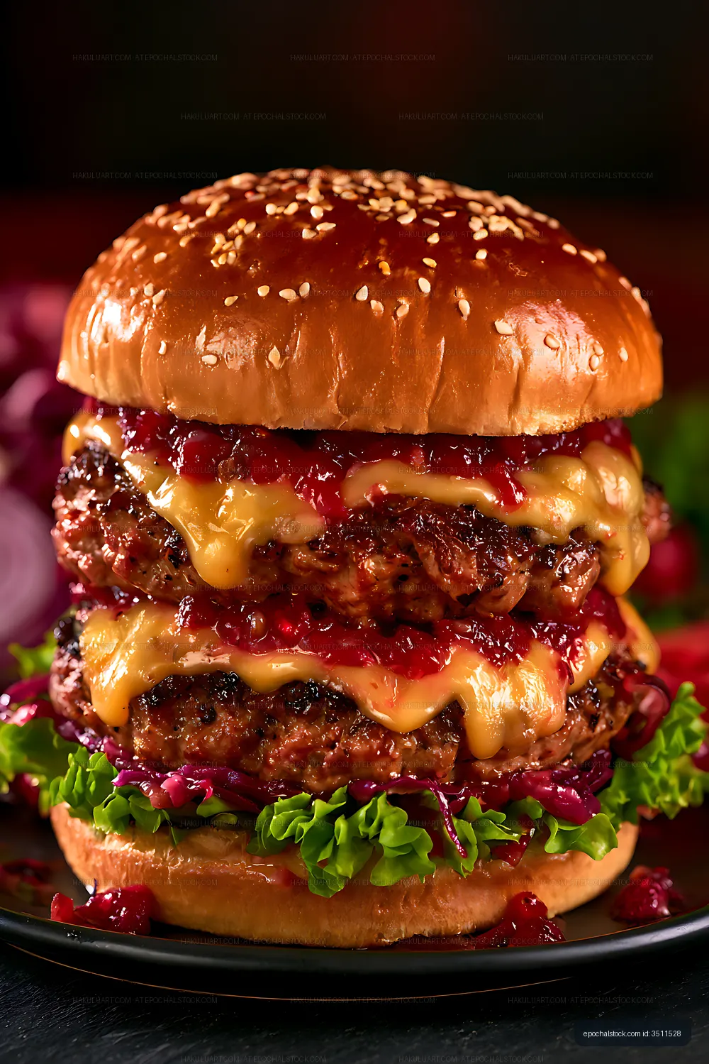 Juicy three-layer burger with lettuce, cheese, and sauce