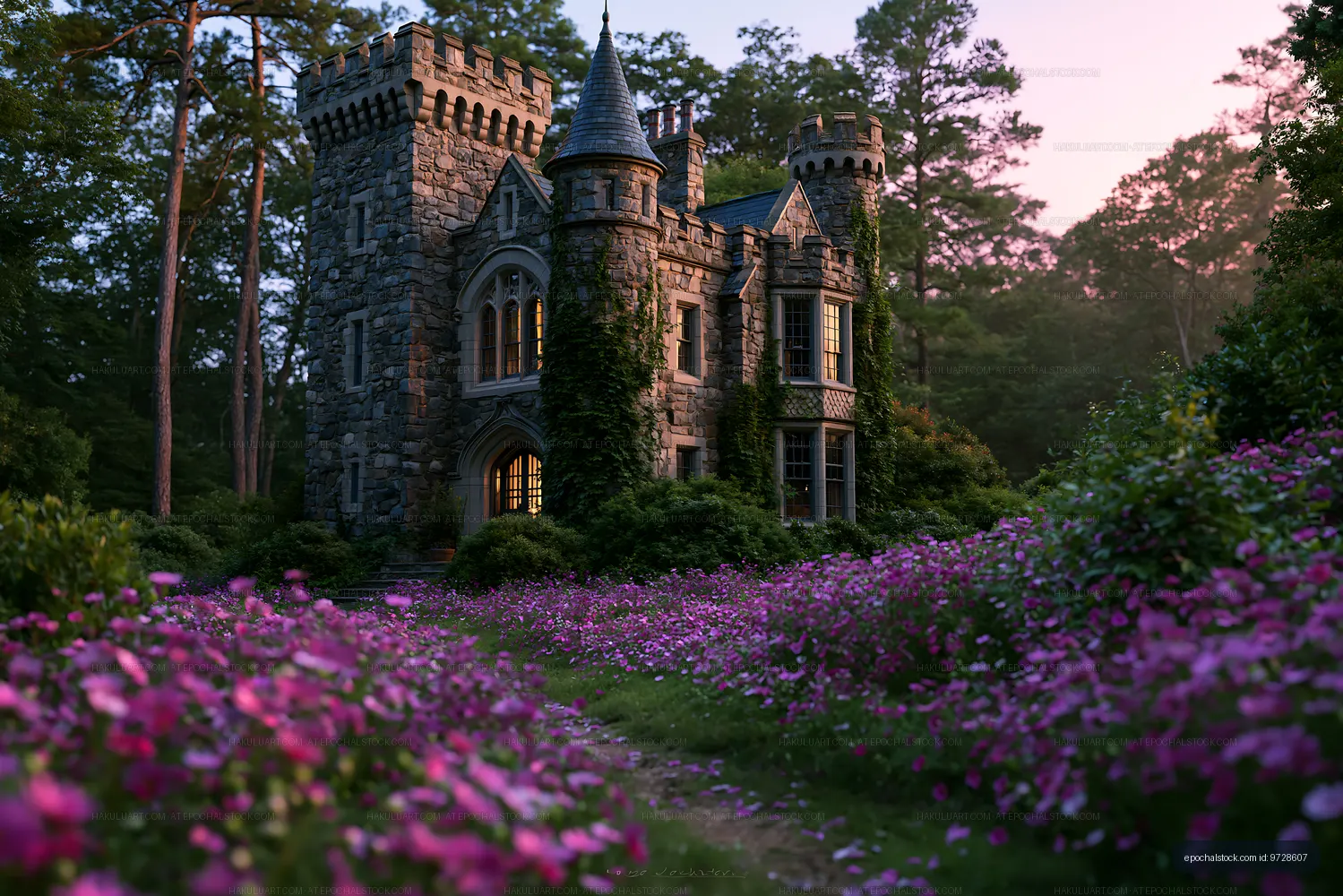 Castle surrounded by flowers in a forest at sunset