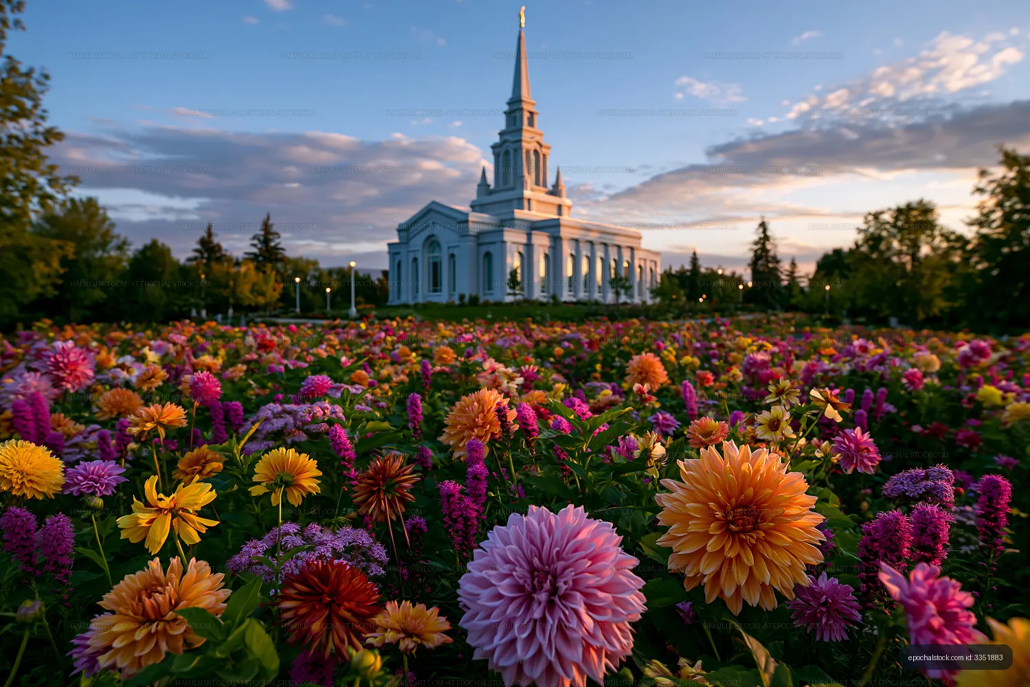 Colorful flowers in a field by a church during sunset