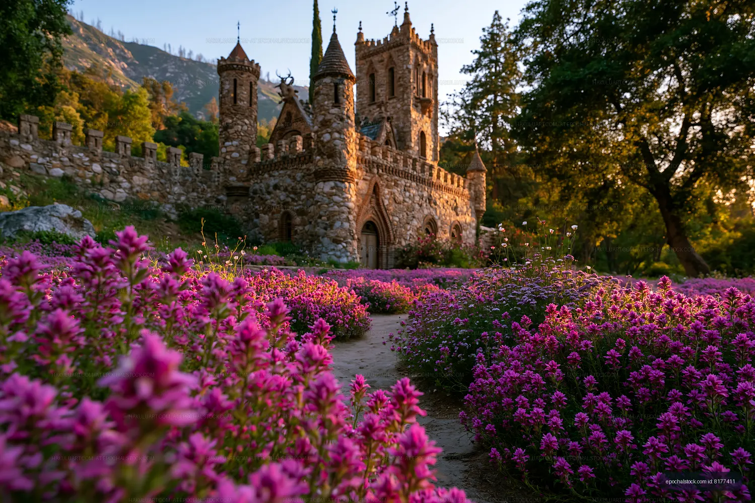 Castle surrounded by blooming purple flowers in a garden