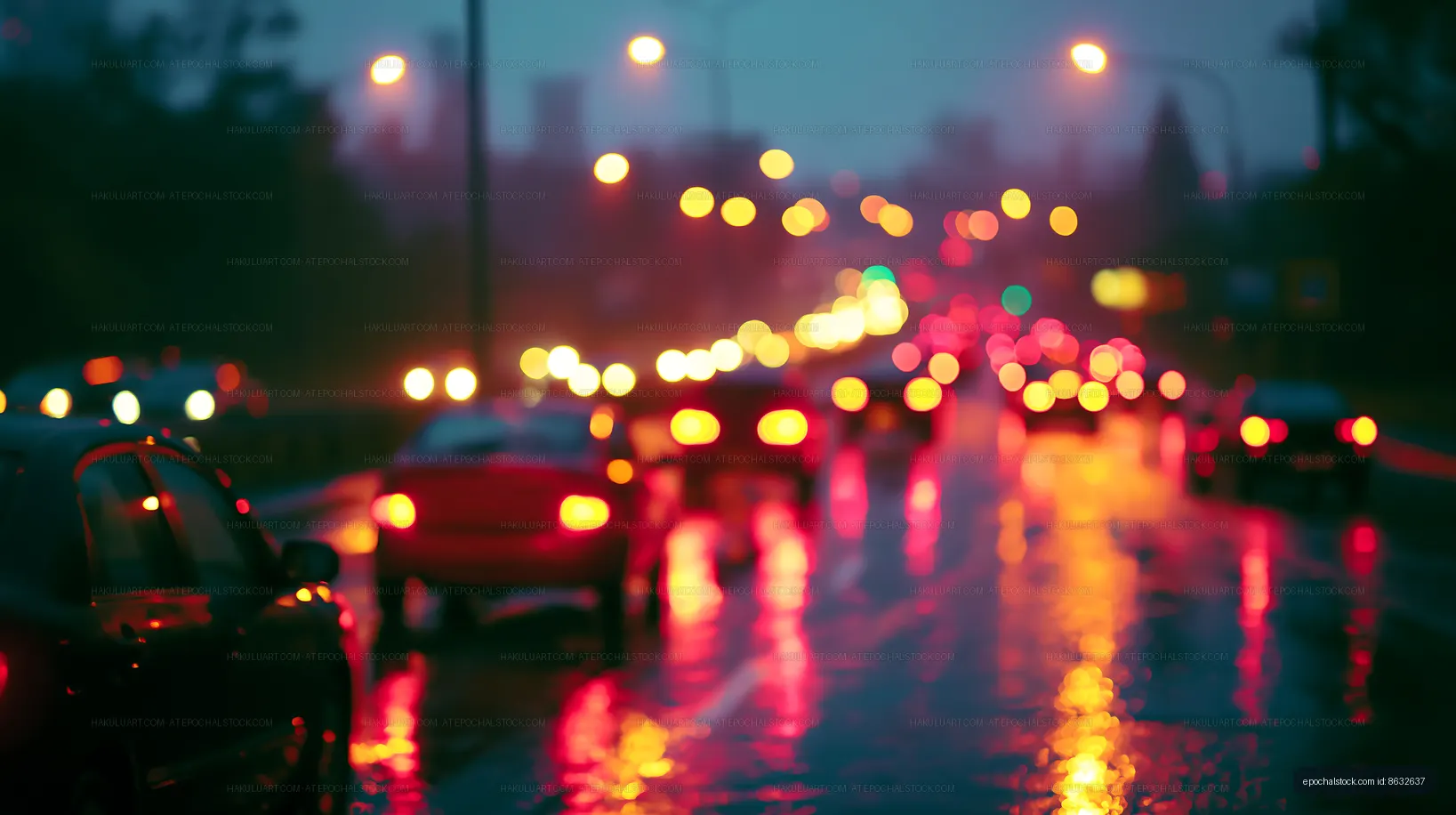 City street with traffic during rainy night