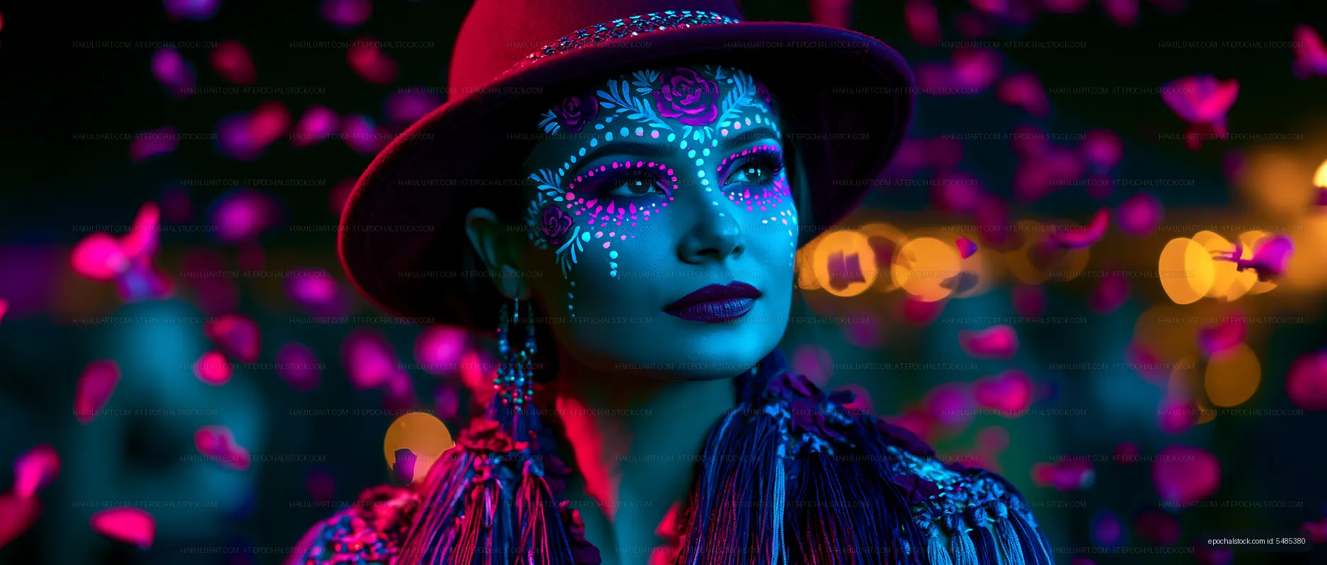 Woman with face paint and hat surrounded by colorful petals