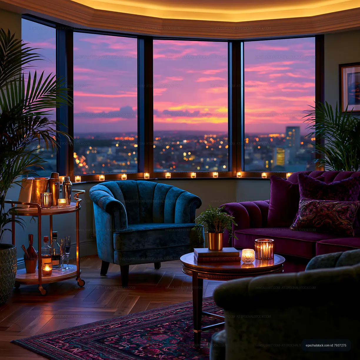 Cozy living space with sunset view and warm lighting