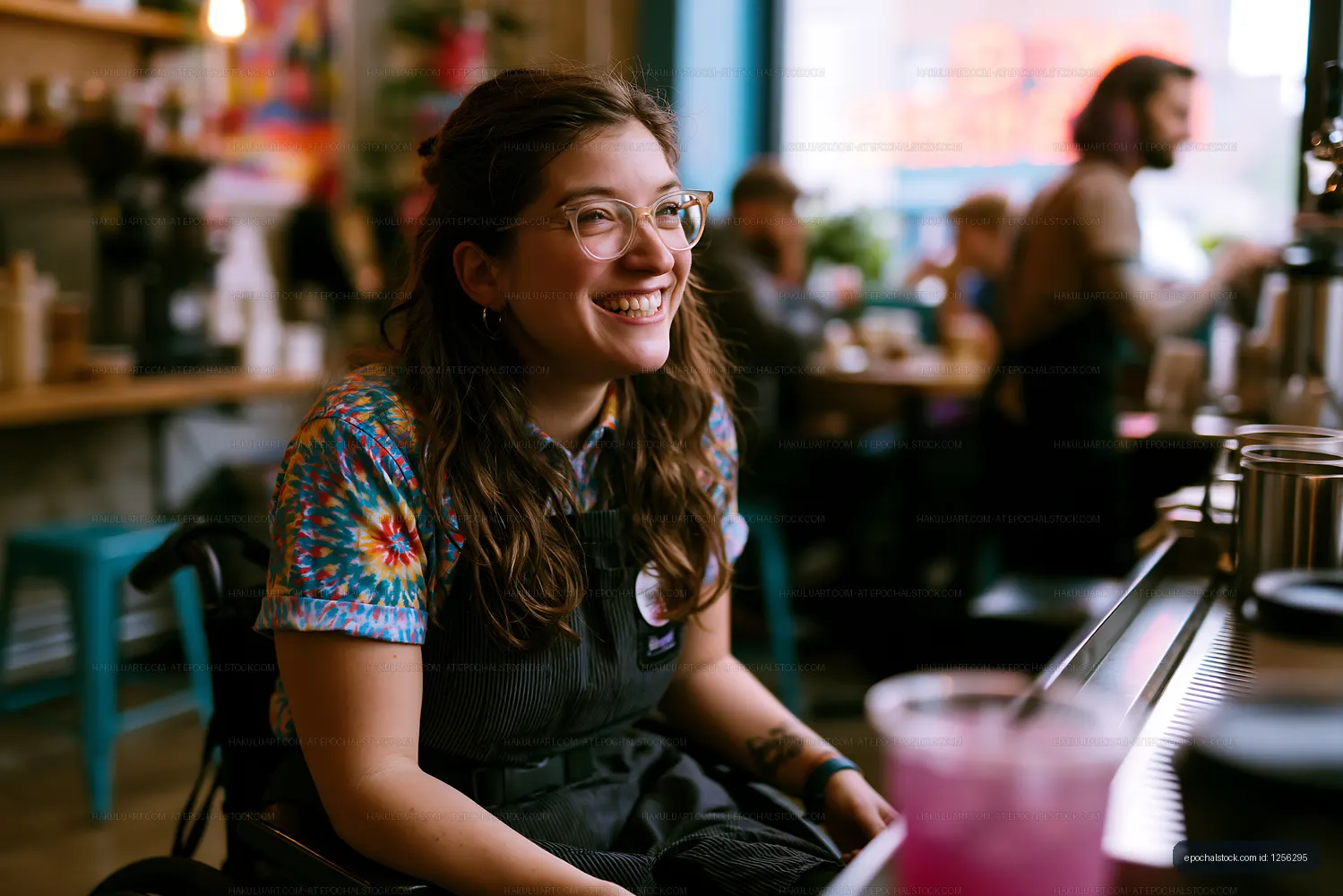 Woman smiling in a cafe while working behind a counter