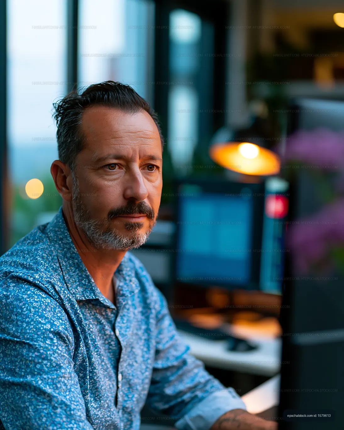 Man working at a desk in an office during evening hours