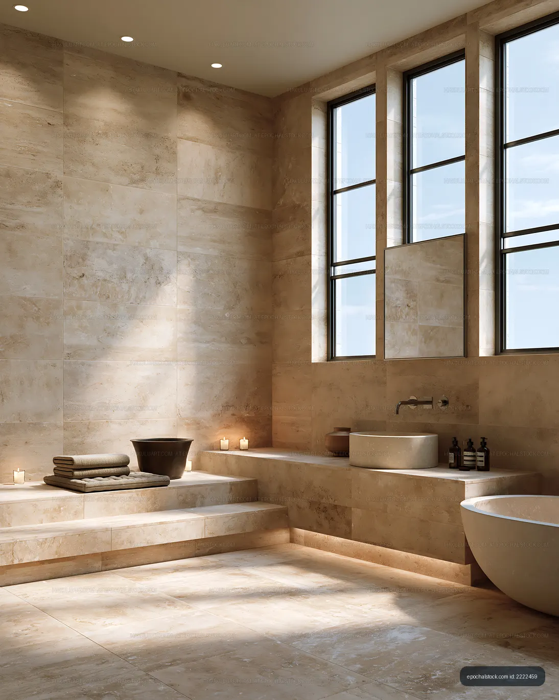 Modern bathroom with natural stone walls and bright windows
