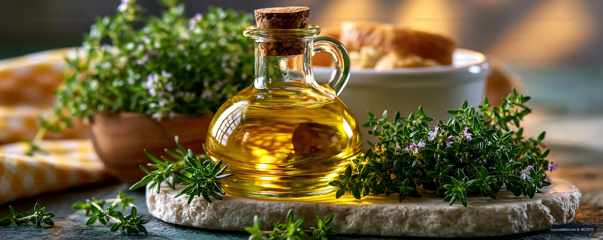 Herb oil surrounded by fresh herbs and bread in a kitchen