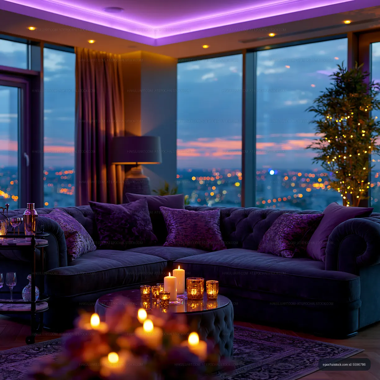 Living room with purple lighting and city view at sunset