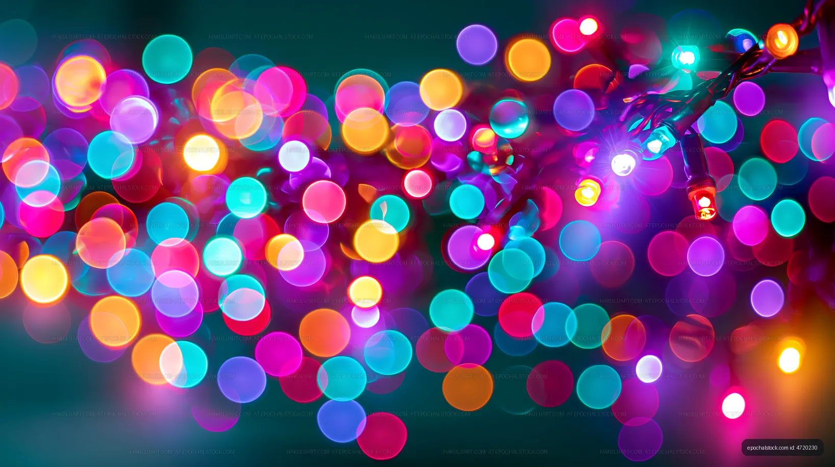 Bright and colorful bokeh lights on a string in the dark