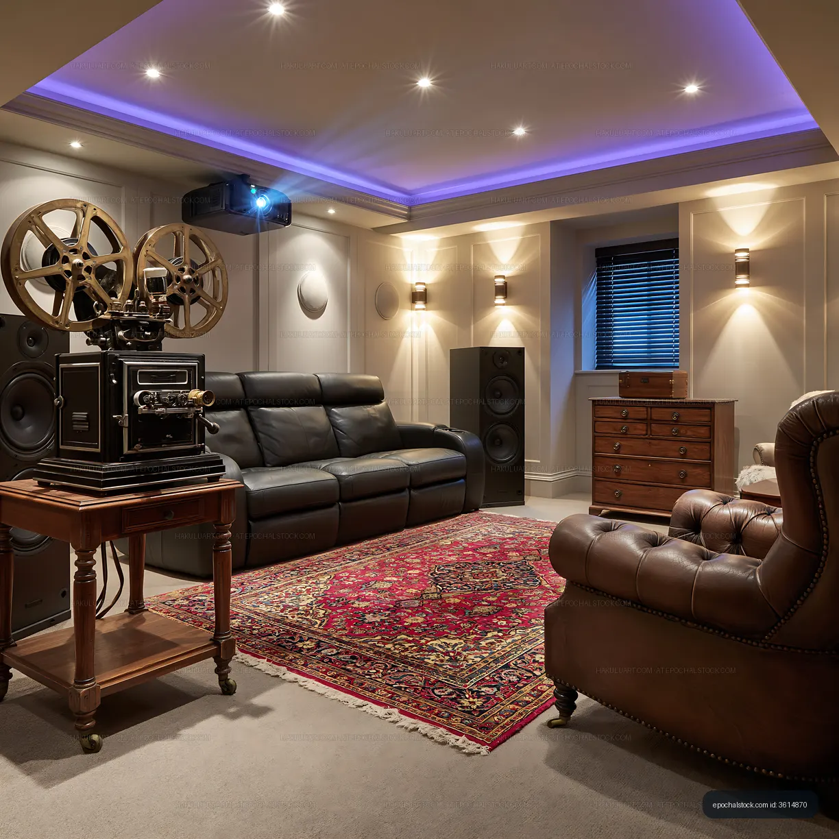 Cozy home theater with vintage projector and modern furnishings