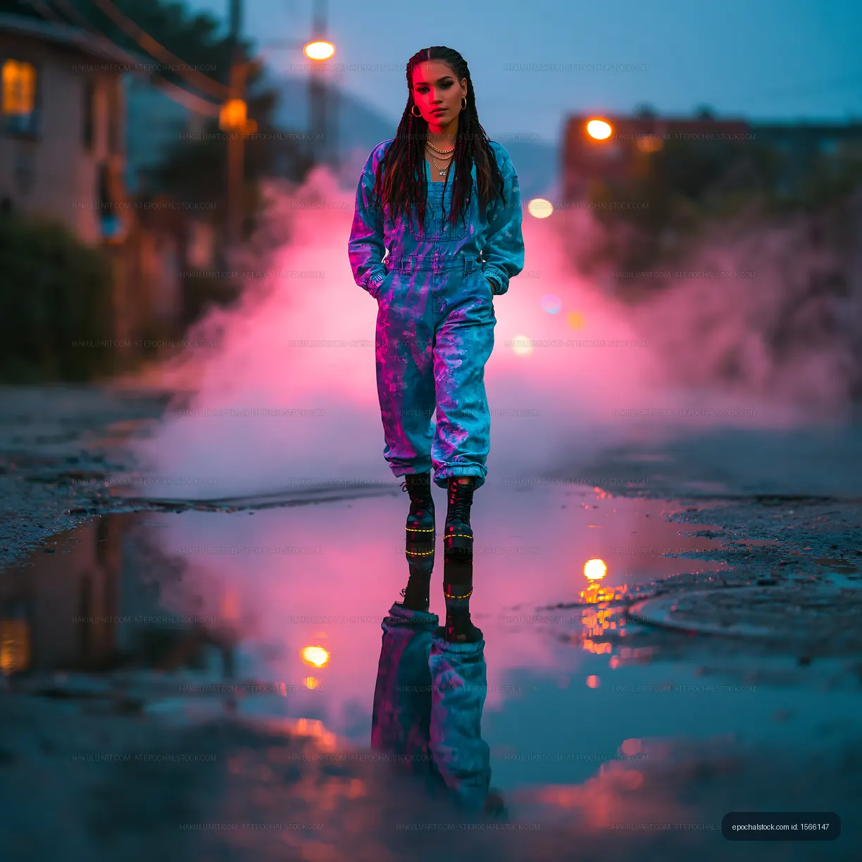 Young woman walks on street after rain with colorful lights