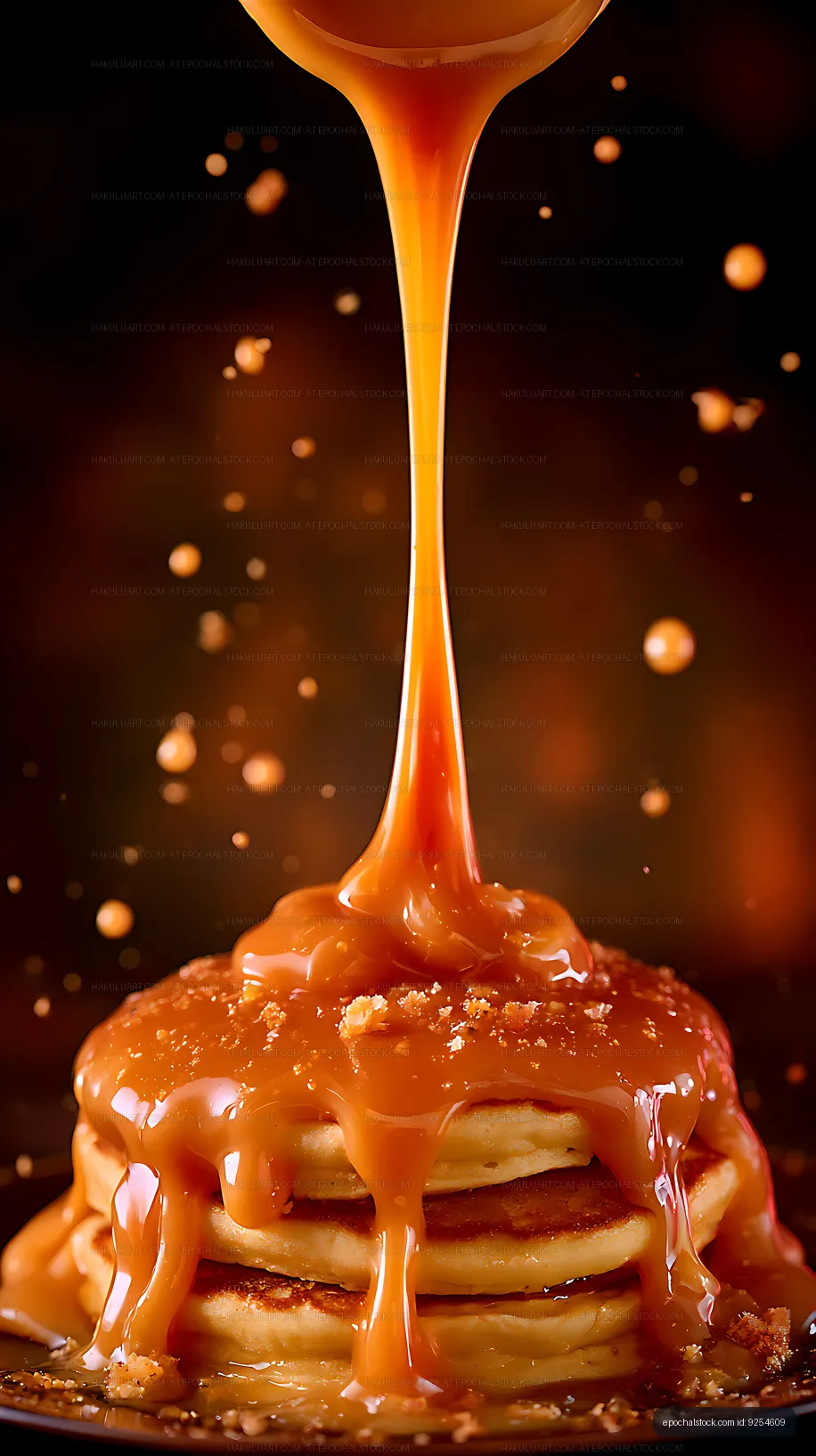 Stack of pancakes with syrup drizzle on dark background