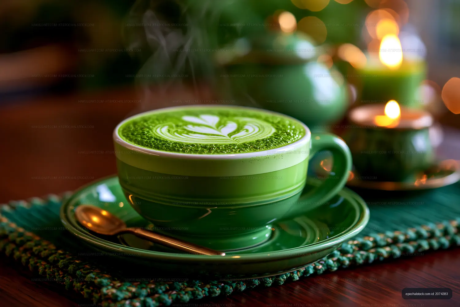 Green matcha tea in a cup on a table with candles