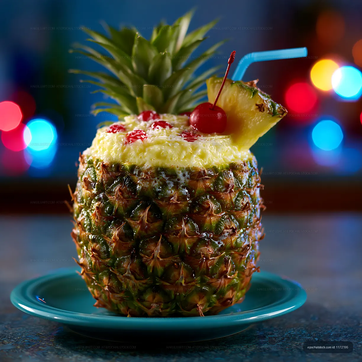 Pineapple drink with cherry and straw on blue plate