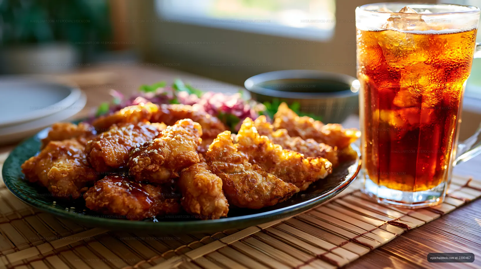 Crispy fried chicken served with salad and iced drink