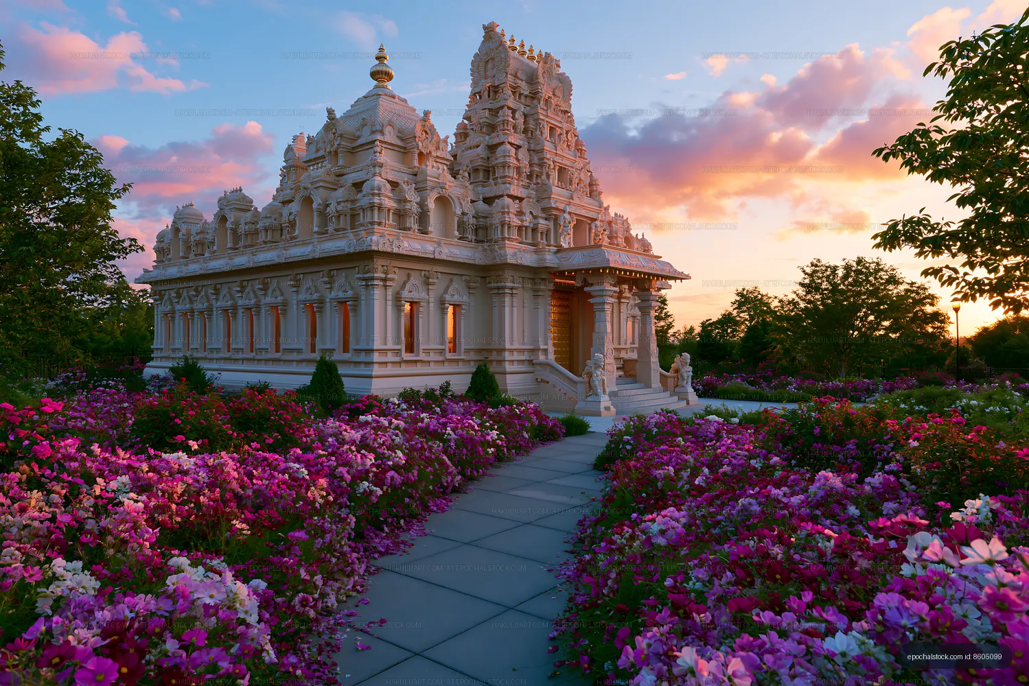 Temple surrounded by flowers at sunset
