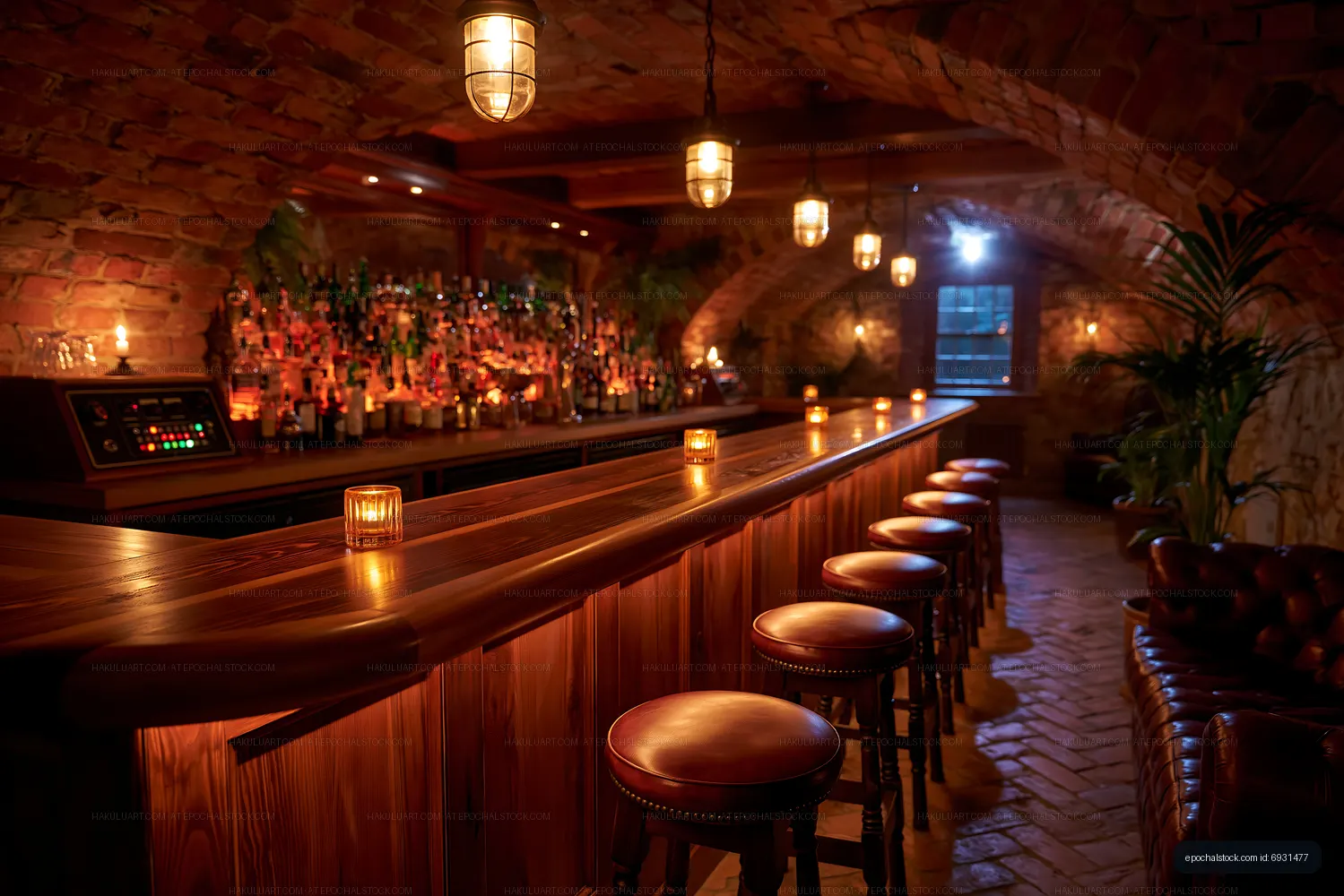 Vintage bar interior with dim lighting and wooden furniture