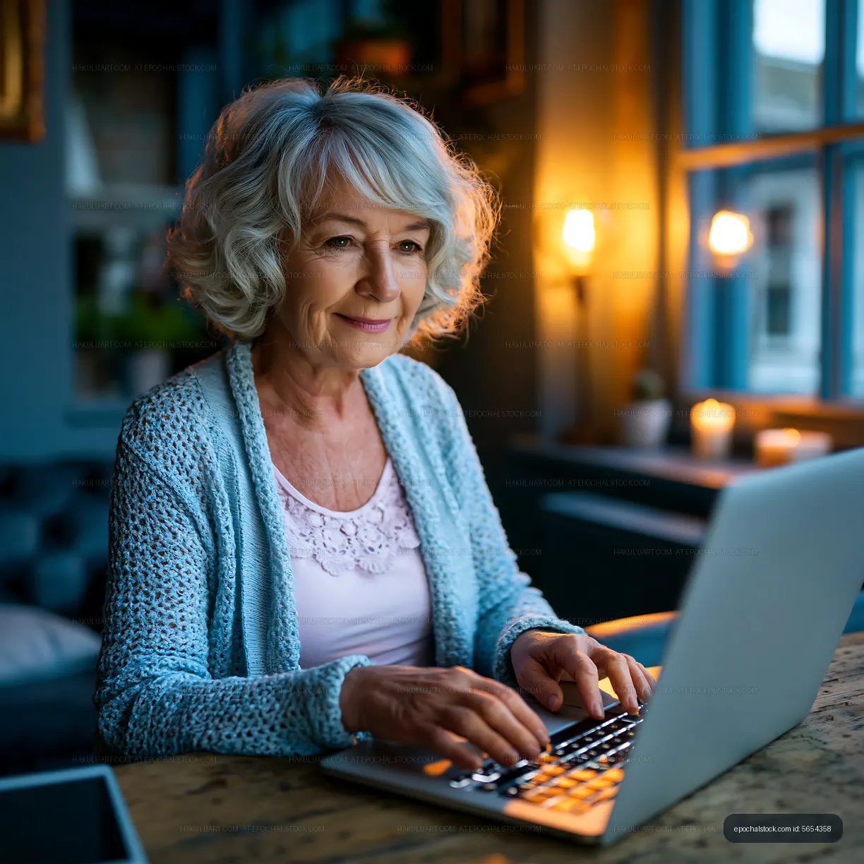 Senior woman using laptop at home in evening light