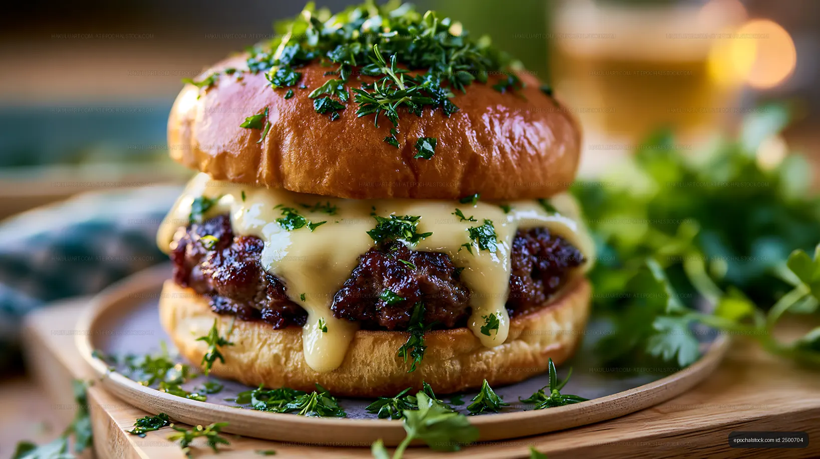 Delicious burger with melted cheese and fresh herbs on wood table