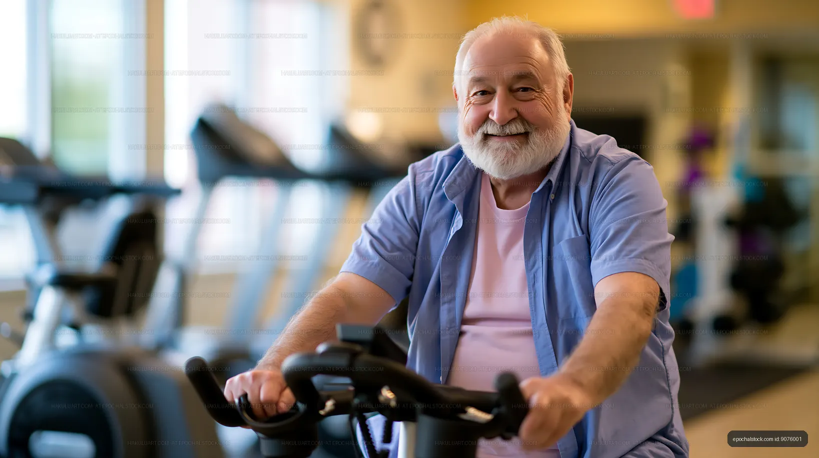 Senior man exercising on stationary bike at gym