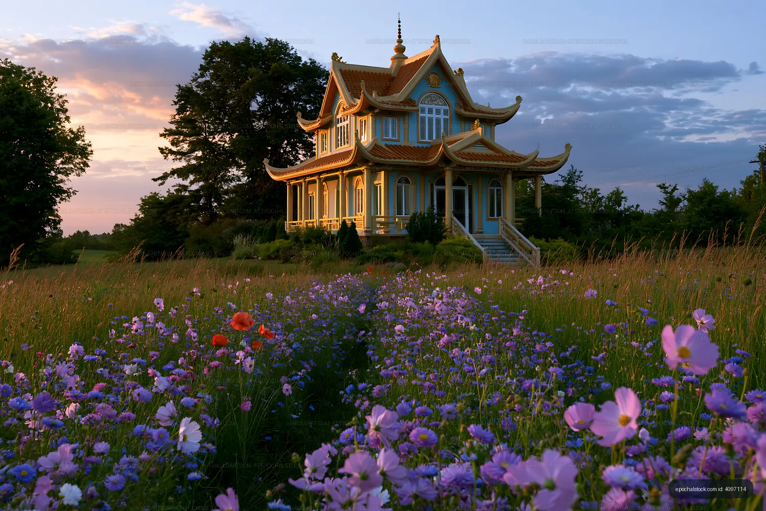 Unique house surrounded by flowers at sunset