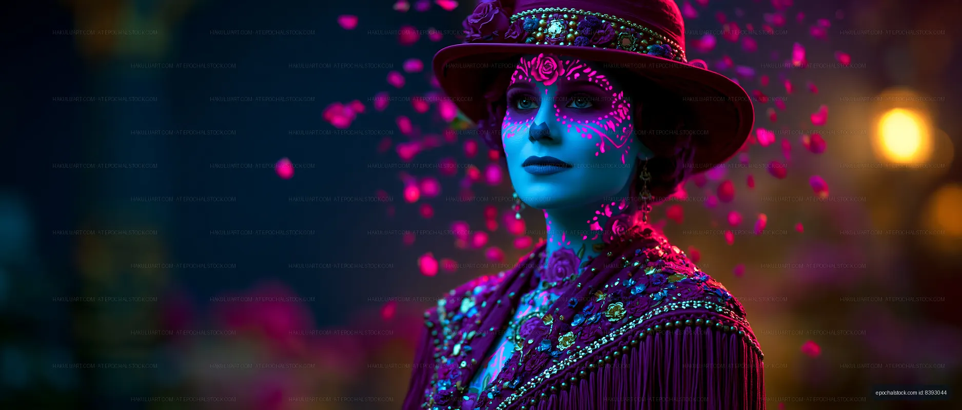 Woman in colorful costume with face paint and floral details