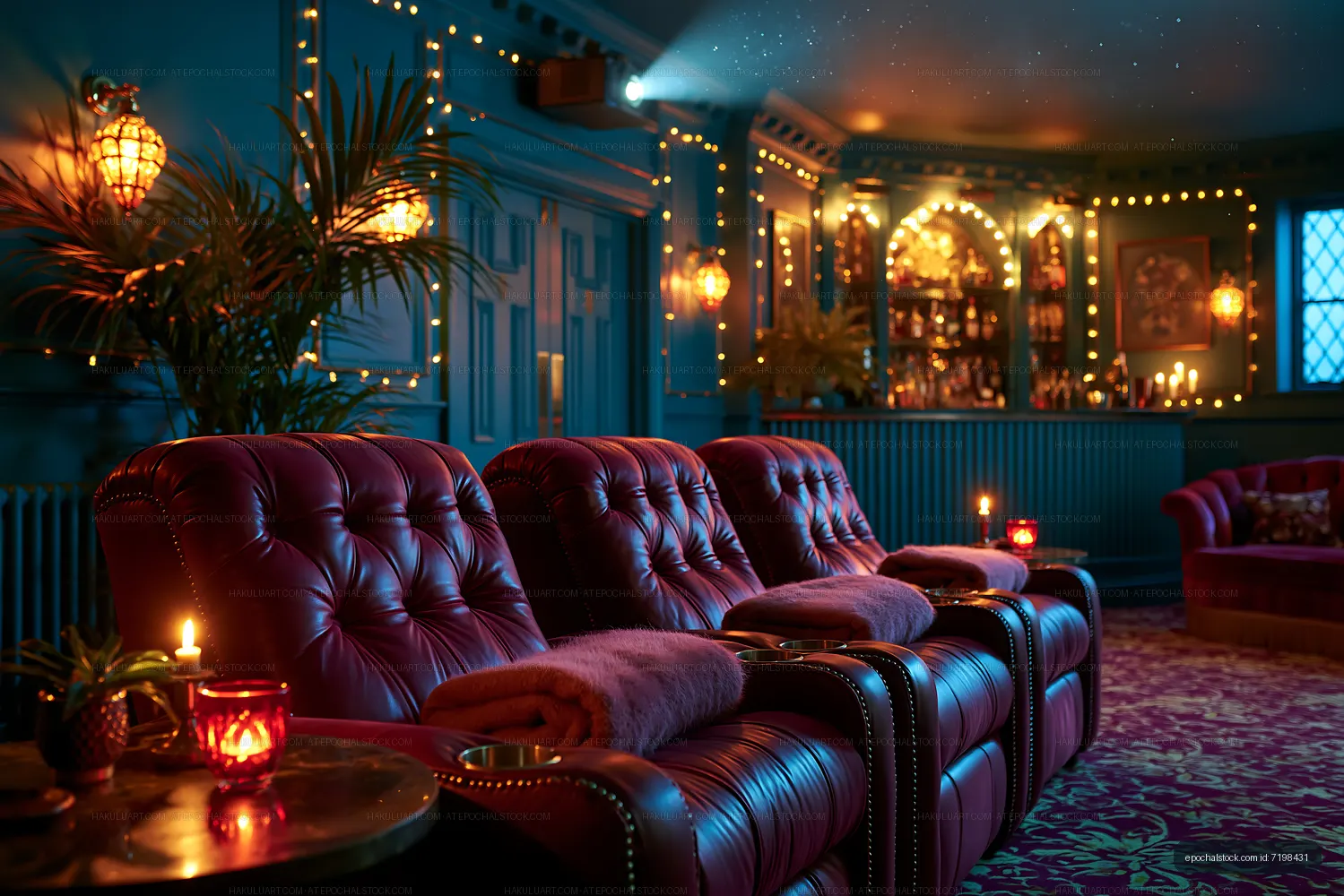 Cozy lounge with red leather chairs and warm lighting