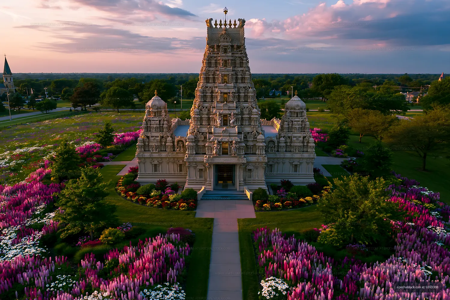Temple surrounded by colorful flowers at sunset