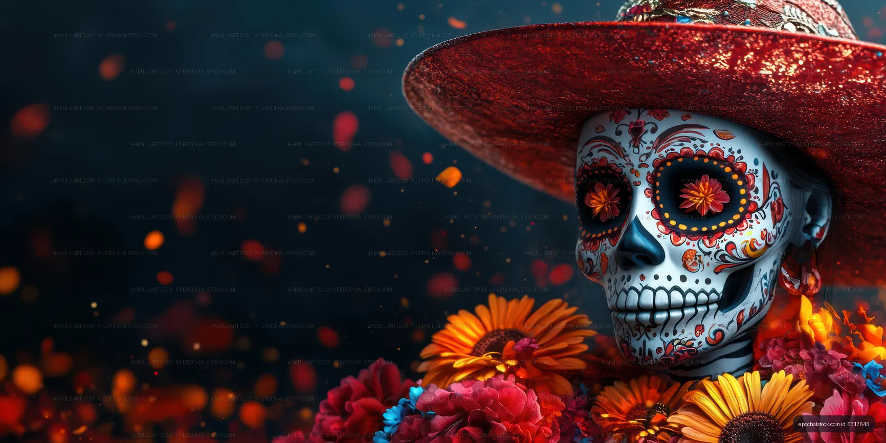 Skull figure wearing a hat and flower decorations