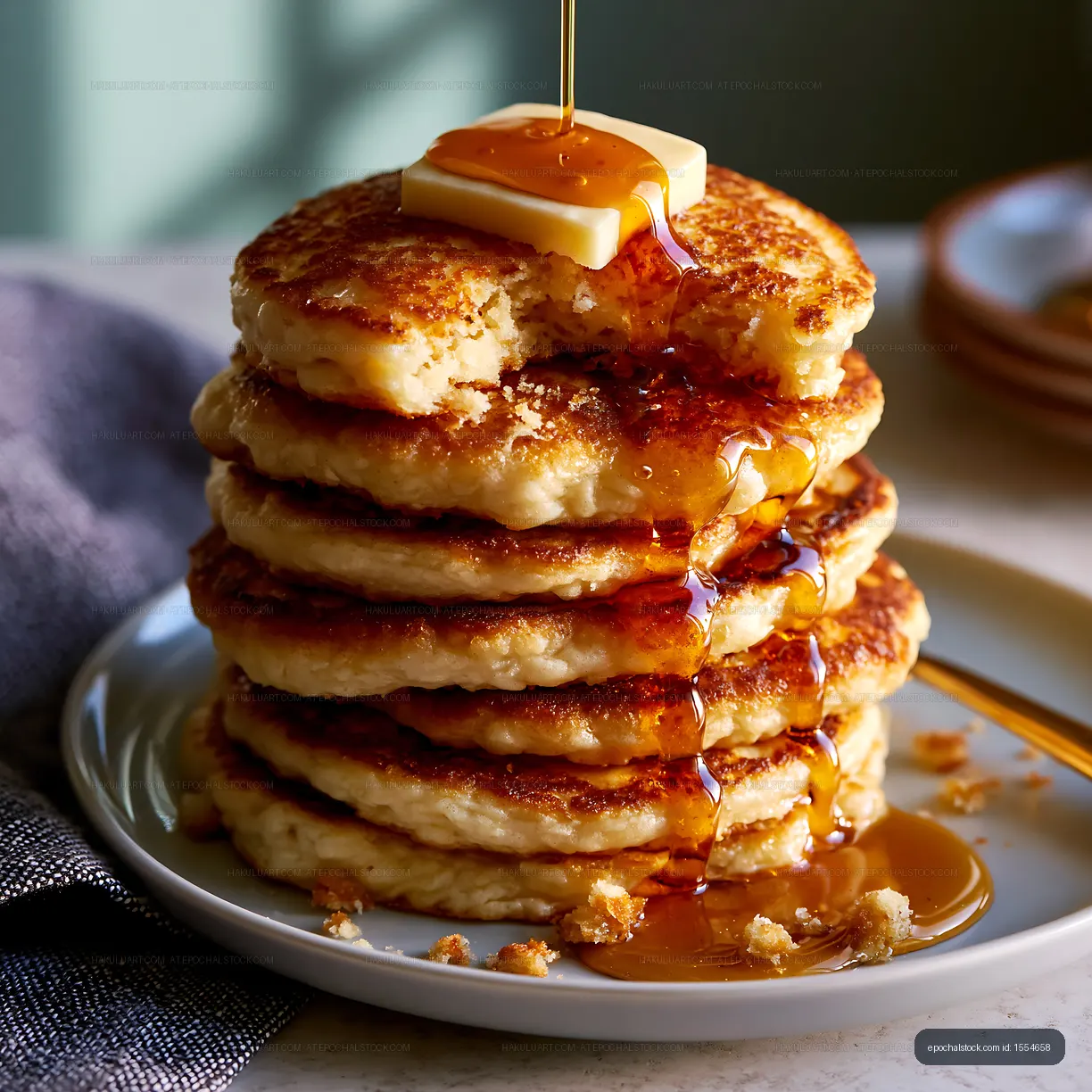 Stack of pancakes with butter and syrup on a plate