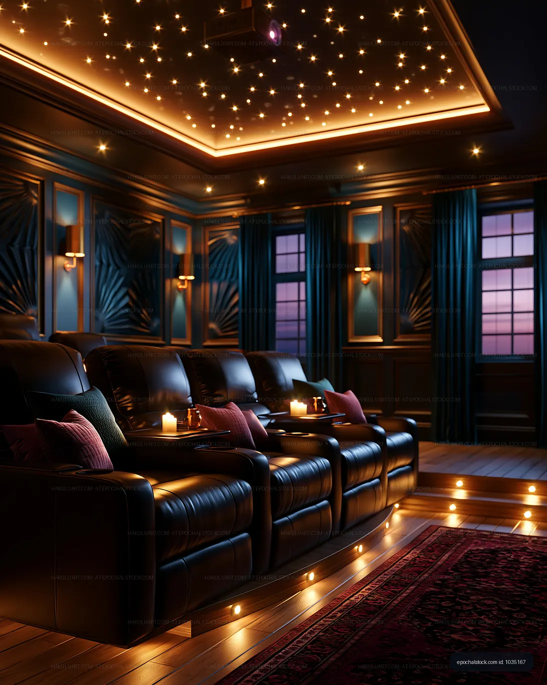 Luxury home theater with reclining seats and starry ceiling lights