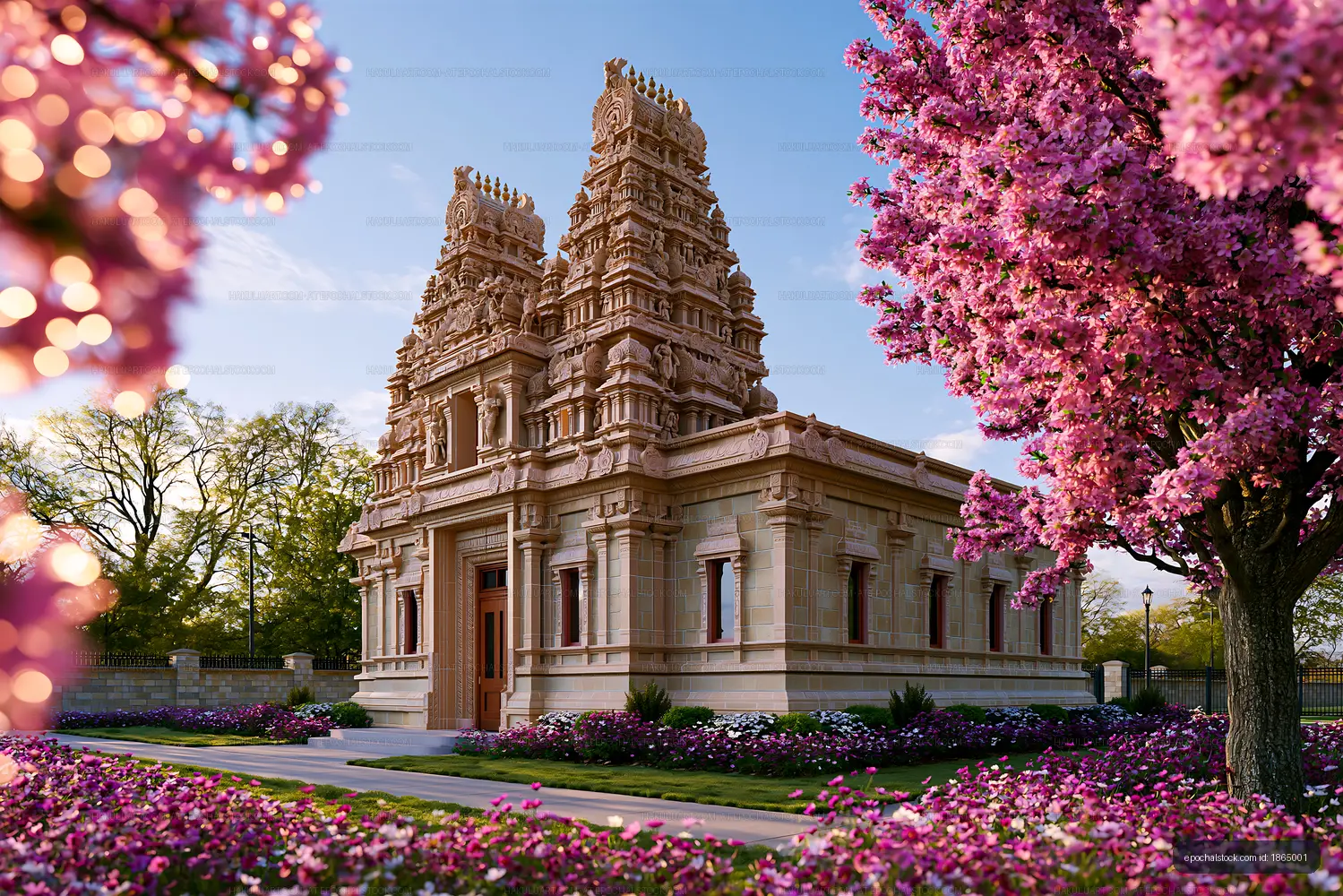Temple surrounded by blooming trees in a garden setting