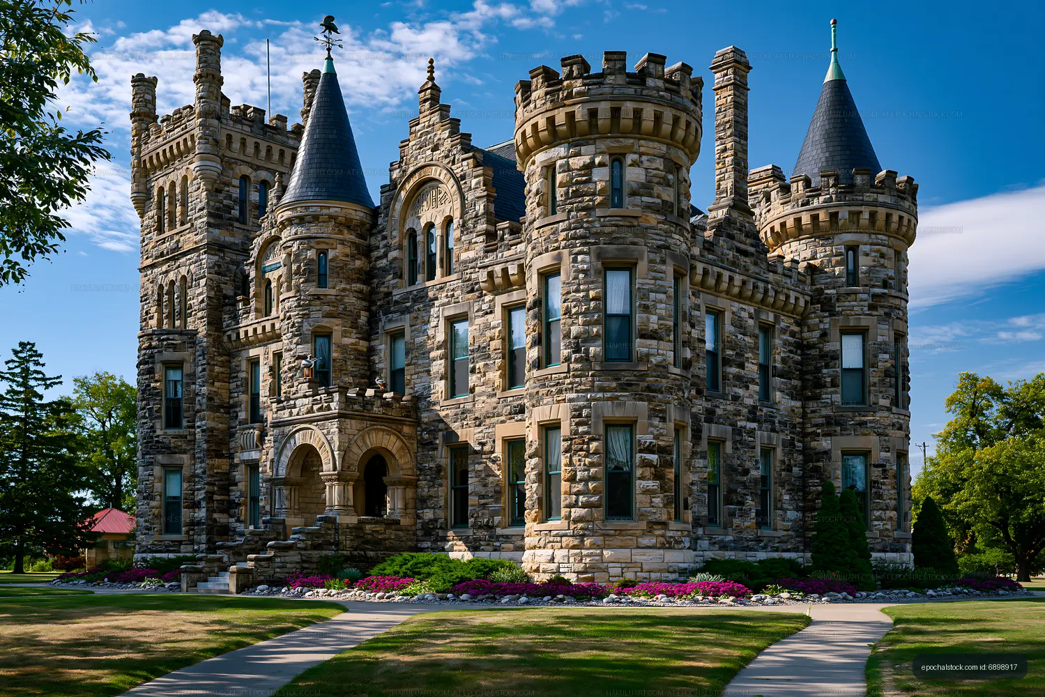 Historic stone castle with towers under blue sky