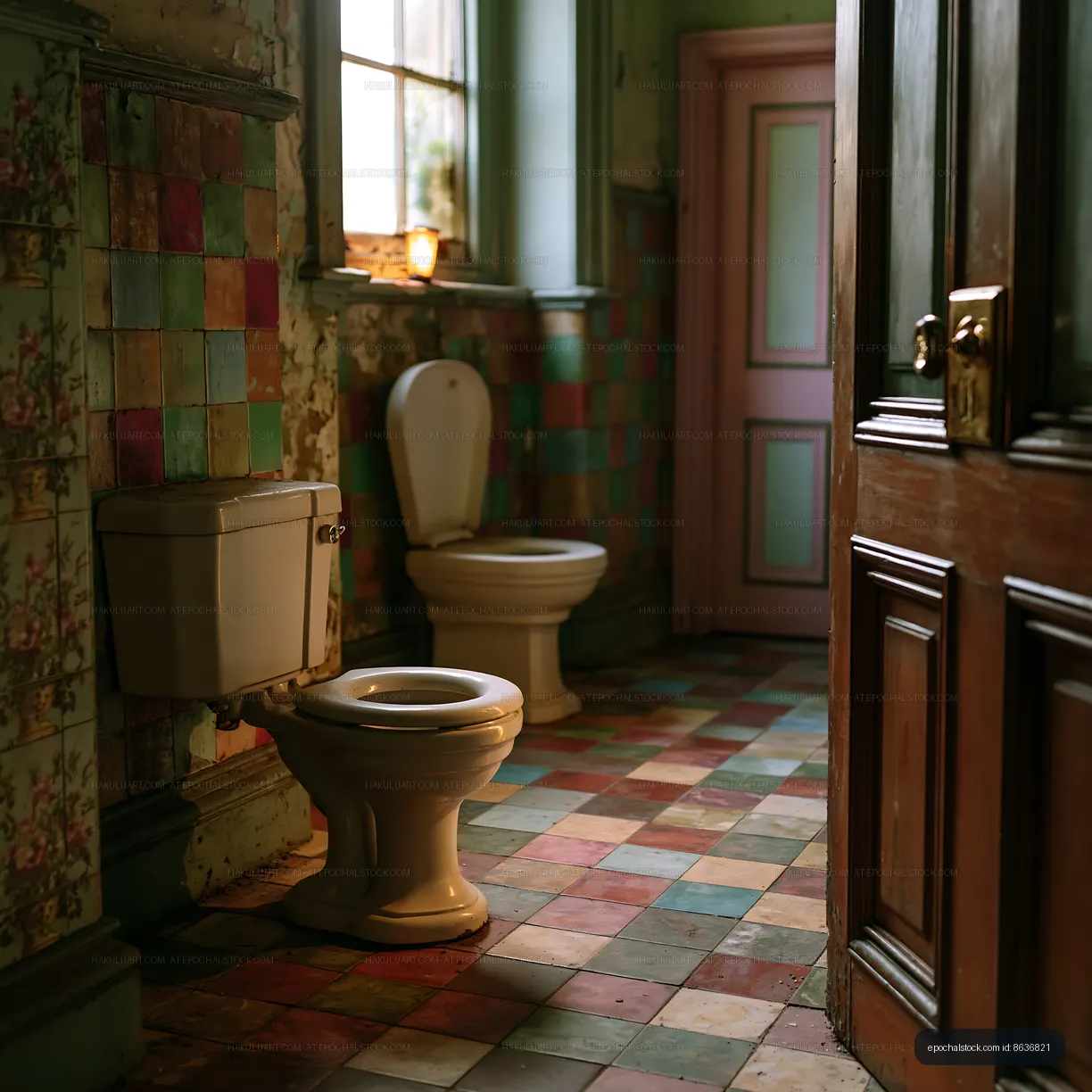 Old bathroom with vintage tiles and worn decor