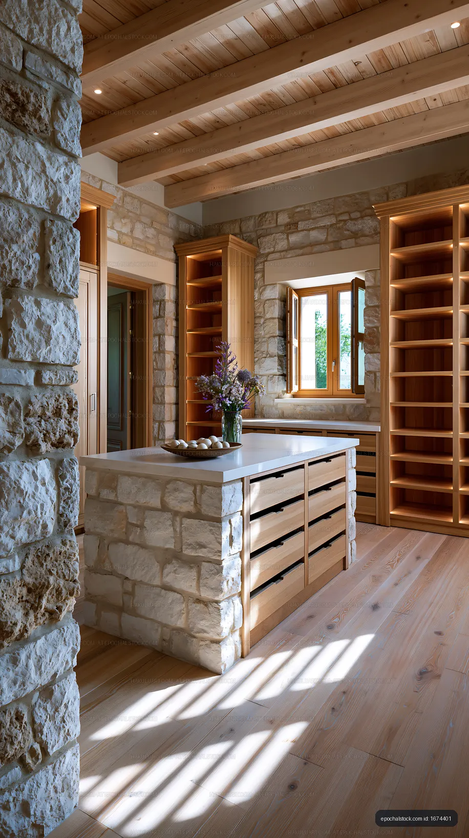 Modern kitchen with stone walls and wood shelves