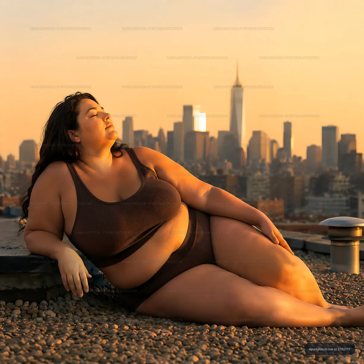 A woman sits on a rooftop, enjoying the sunset in the city