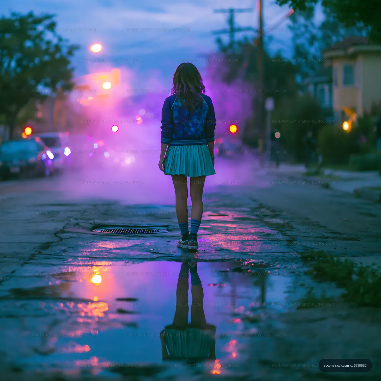 Young girl walking on street with fog and reflections at dusk