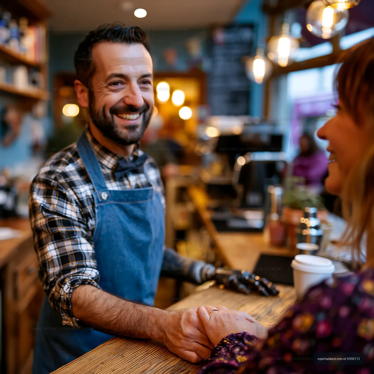 Barista serving coffee at a cafe with friendly interaction