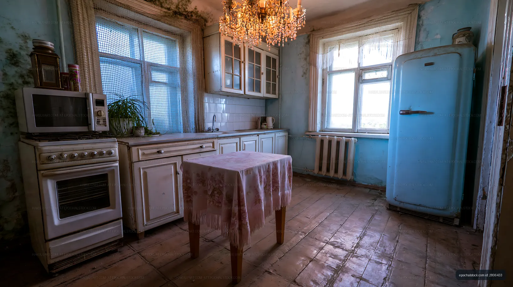 Old kitchen with retro appliances and a small table