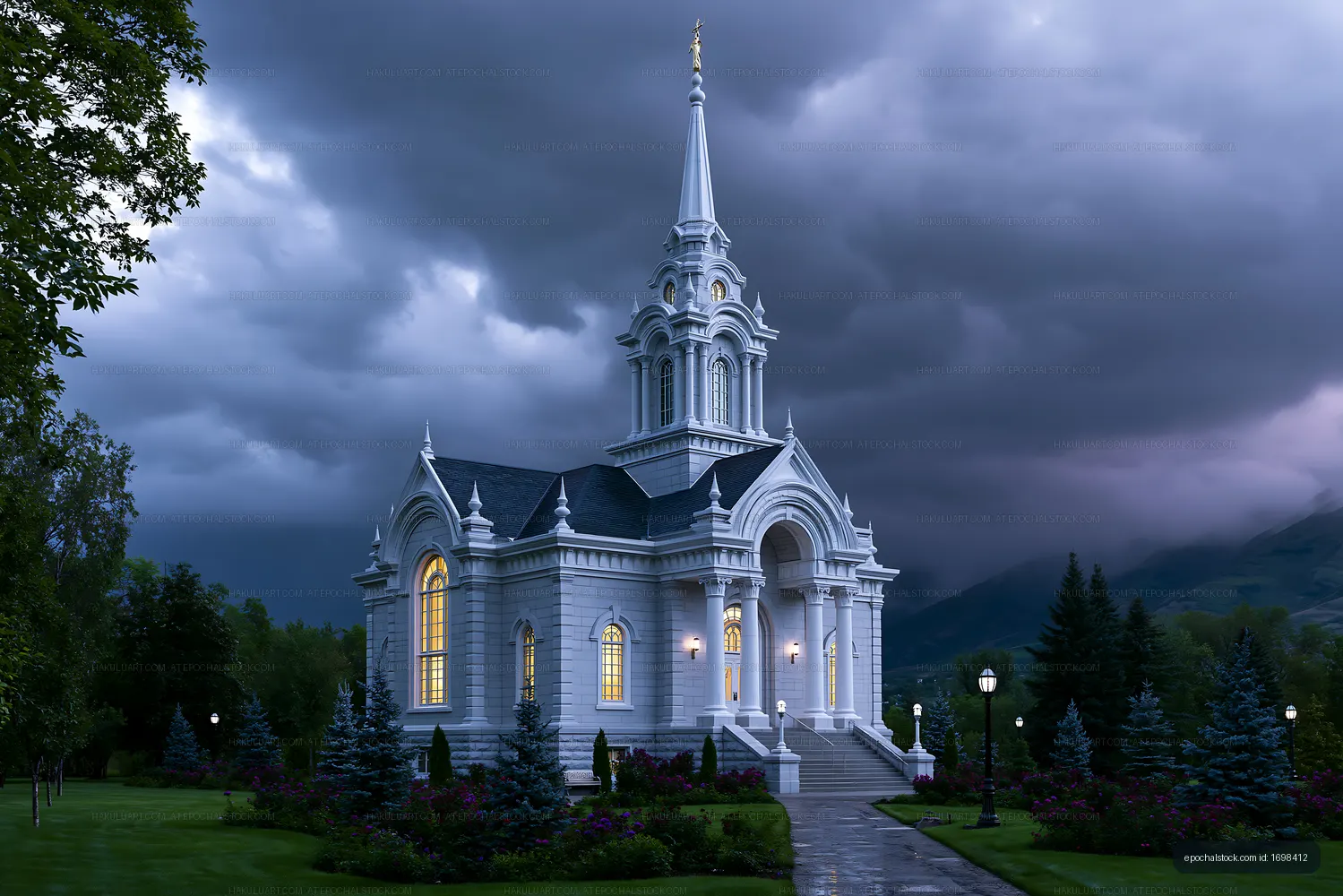 Church building under dark sky with storm clouds at dusk