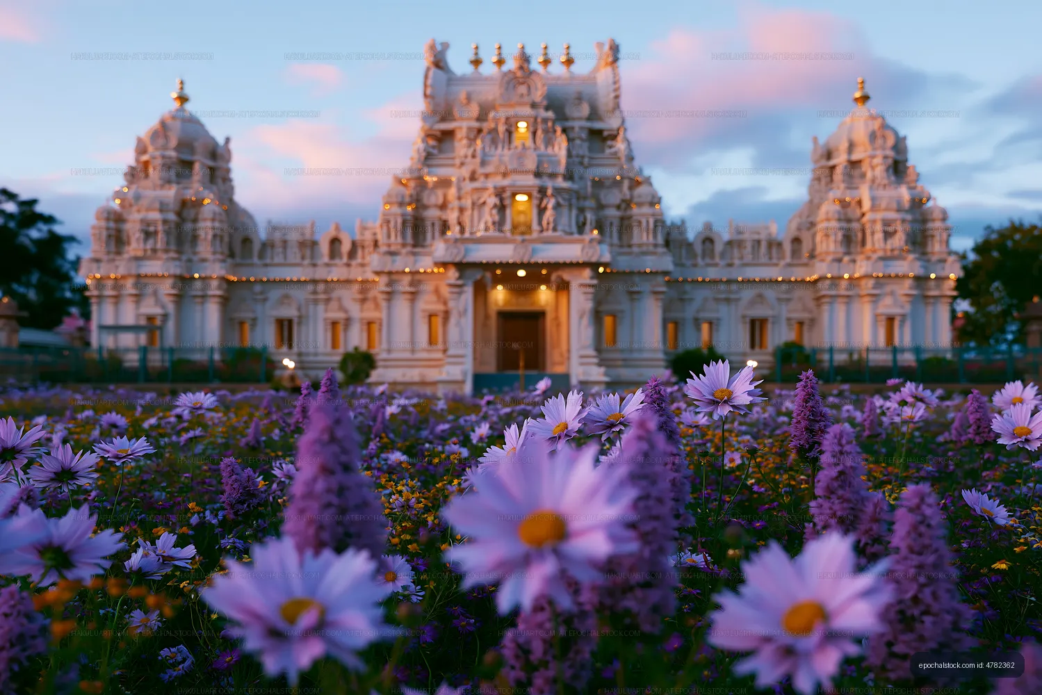 Baps swaminarayan mandir surrounded by flowers at sunset