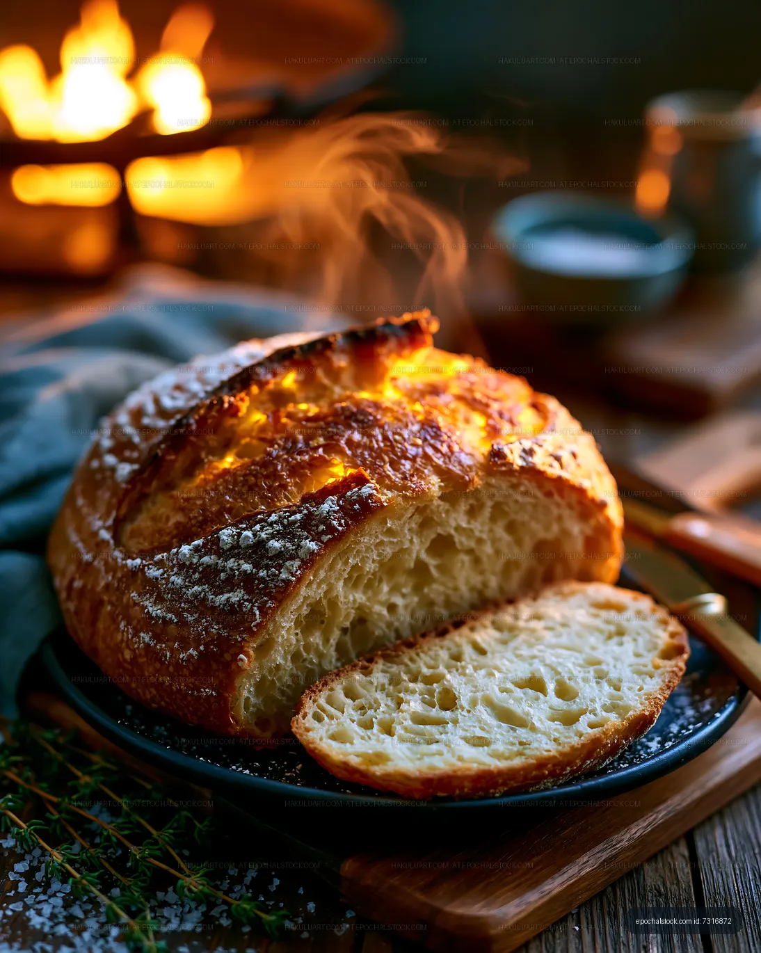 Freshly baked bread on a table with smoke rising from the crust