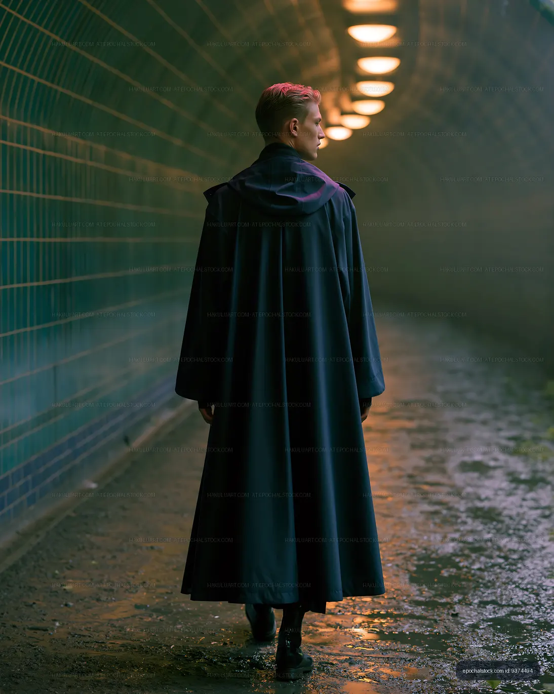 Man walking in a long cloak through an urban tunnel at dusk