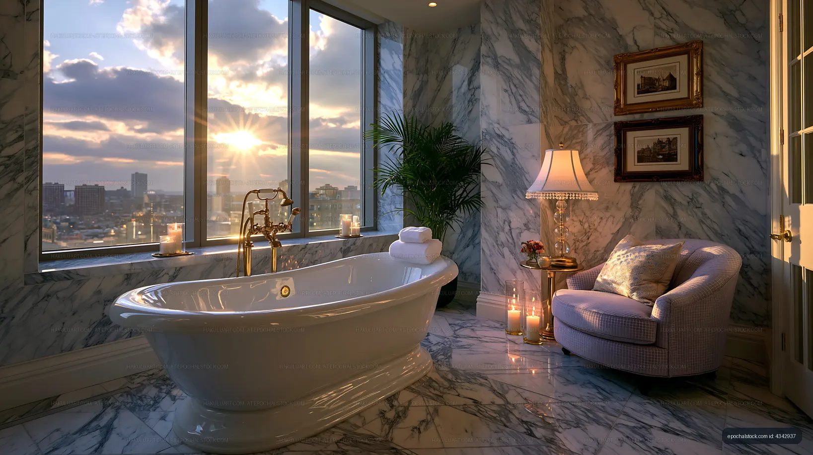 Elegant bathroom with tub and city view at sunset