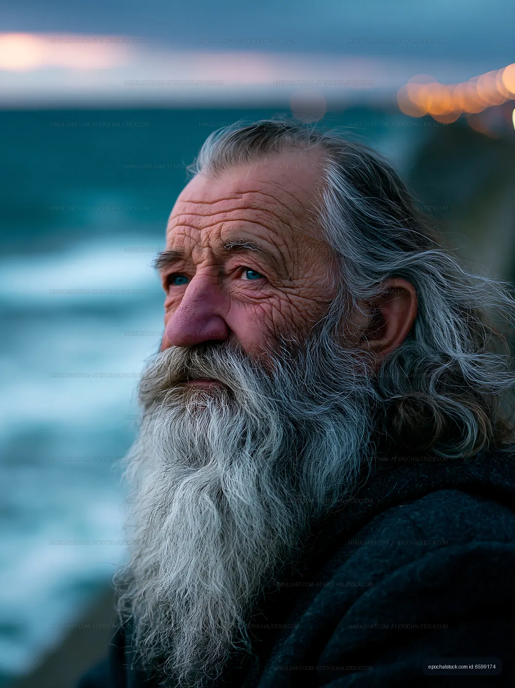 Elderly man with gray beard by the ocean during sunset