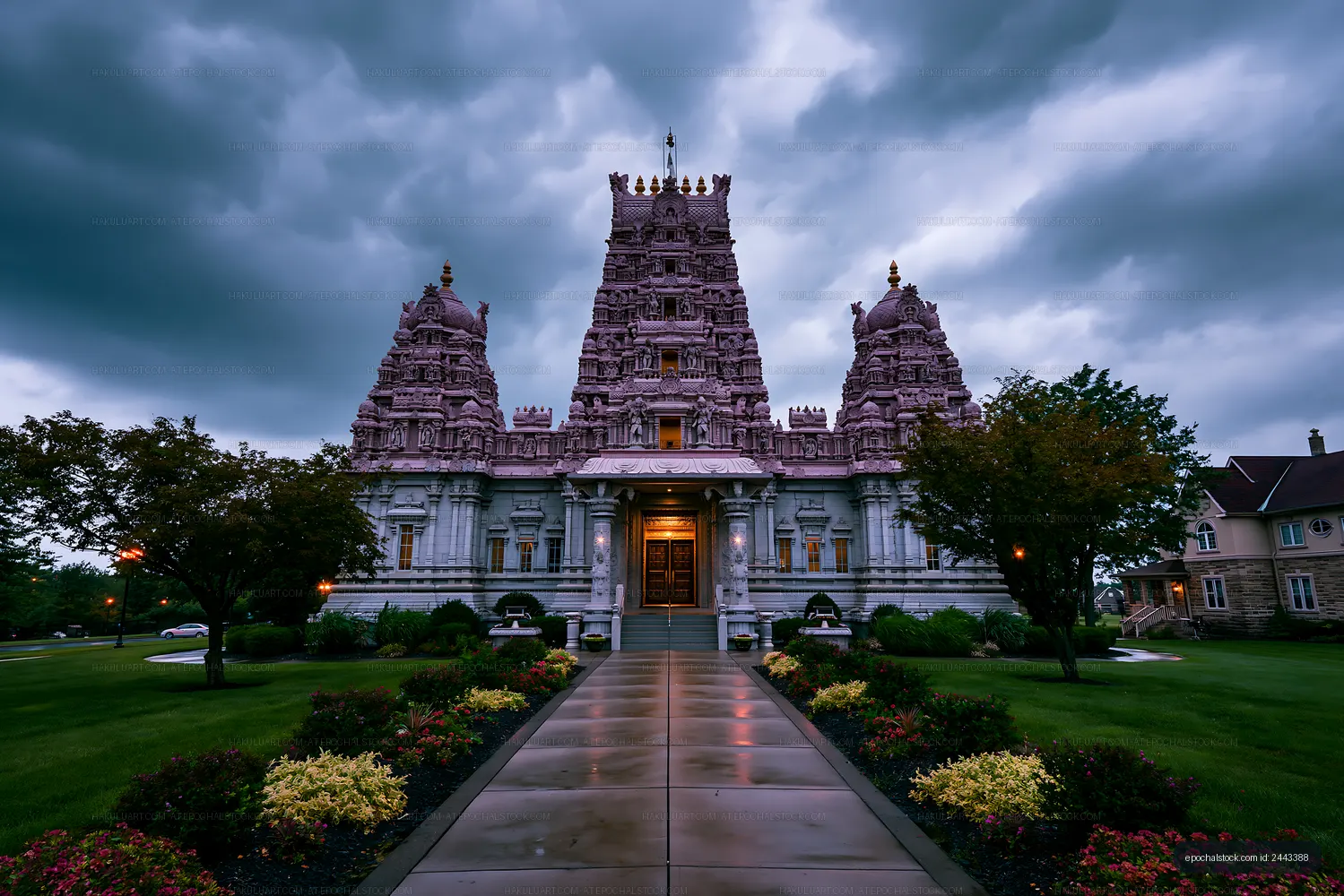 Majestic temple under cloudy sky in a serene landscape