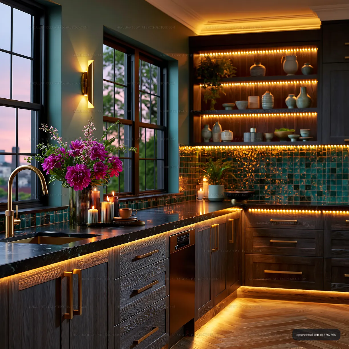 Modern kitchen with flowers and warm lighting at sunset