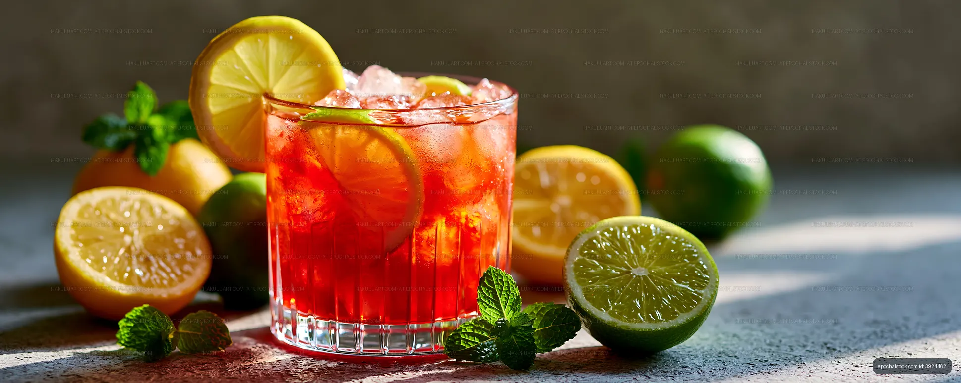 Fresh fruit cocktail with lime and mint on a soft surface