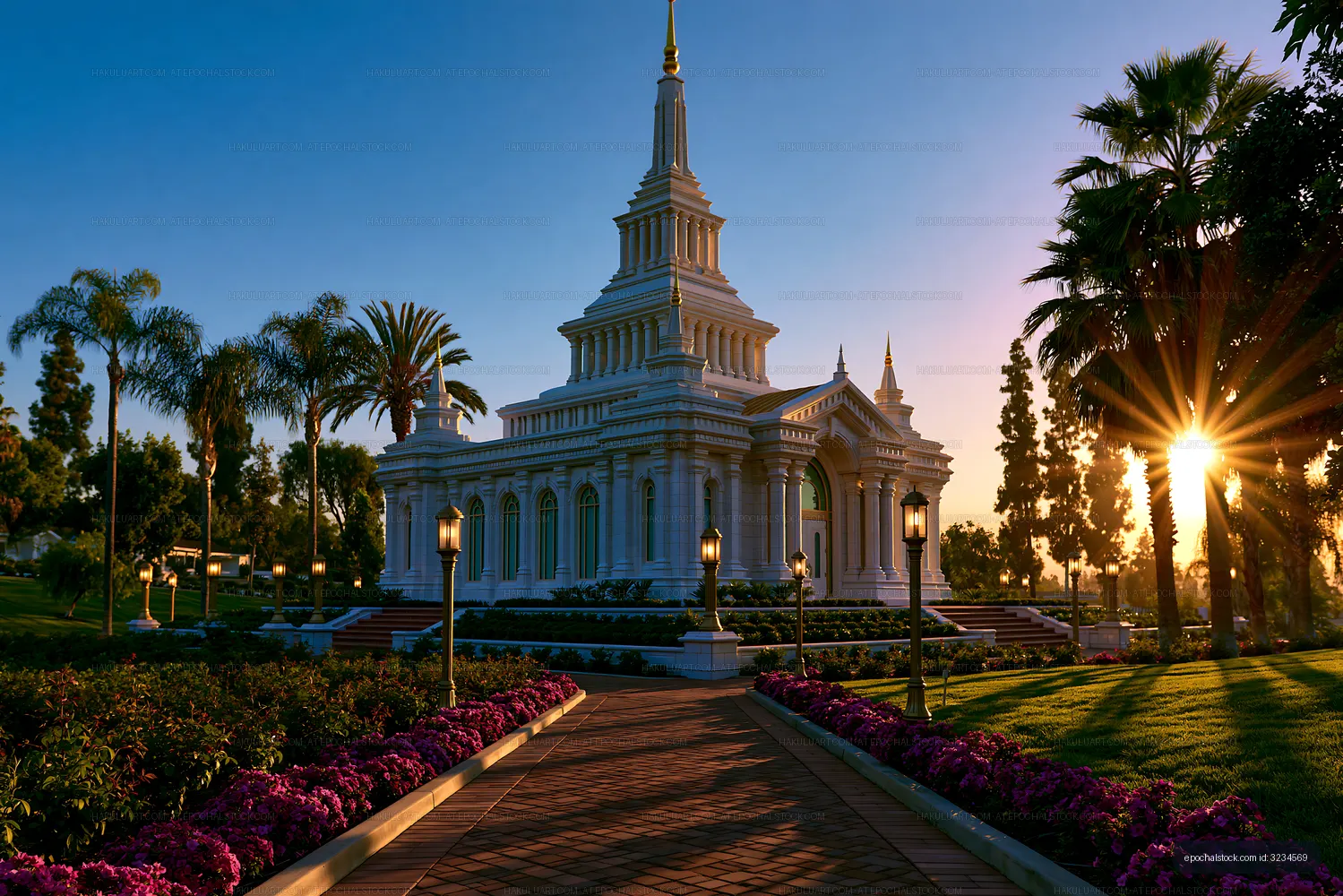 Sunset view of a temple surrounded by palm trees and flowers