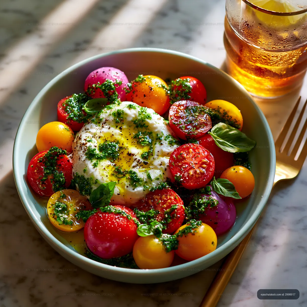 Colorful salad with tomatoes and fresh herbs in a bowl